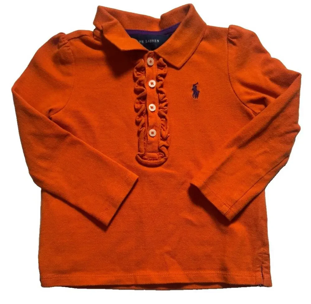 Ralph Lauren Girls 24M Orange Ruffle Polo Shirt Long Sleeve Pony Logo Cotton